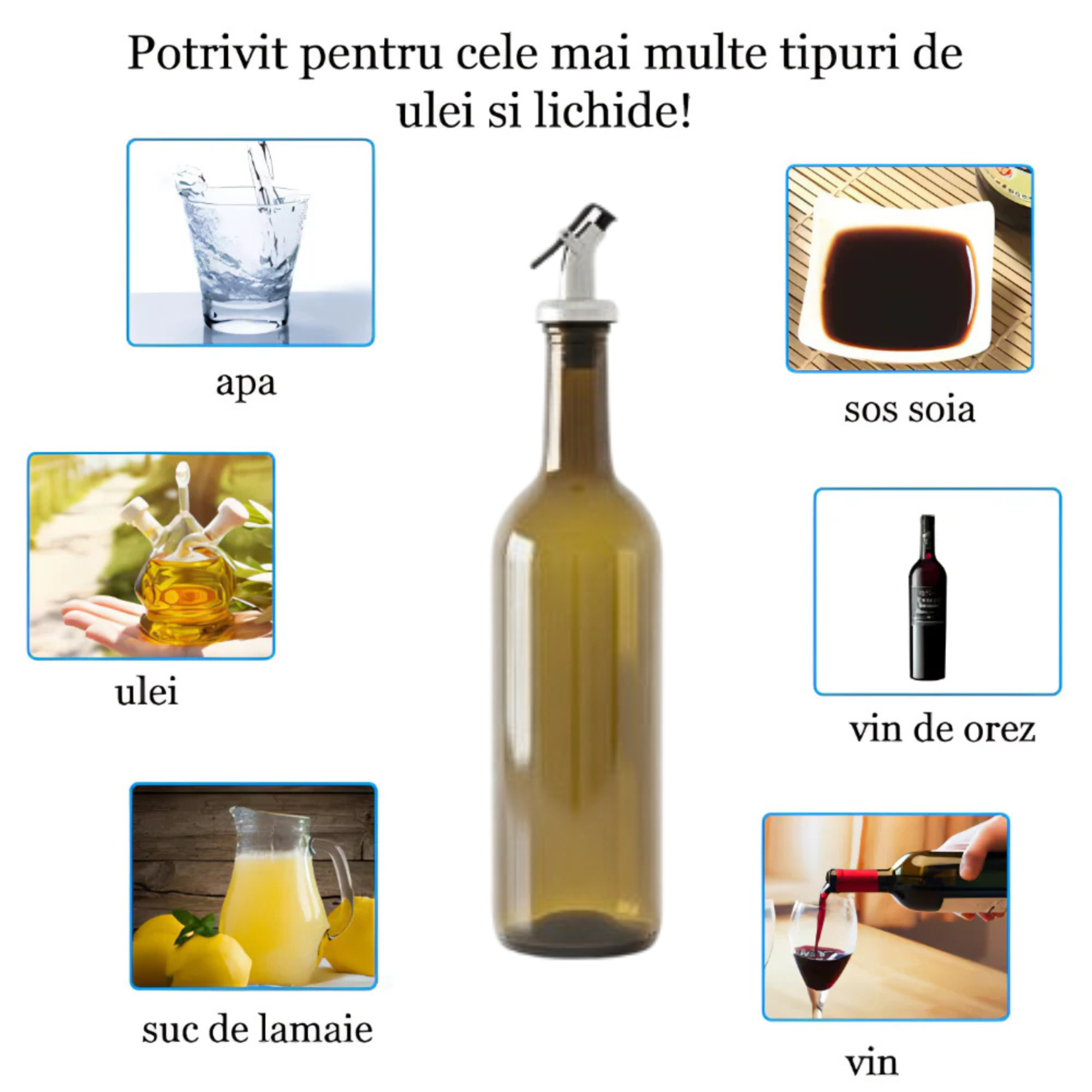 Oliviera Koken verde cu dop dozator în centru, text „Potrivit pentru cele mai multe tipuri de ulei și lichide”; în jur sunt exemple de utilizare – apă, ulei, suc de lămâie, sos de soia, vin de orez și vin.