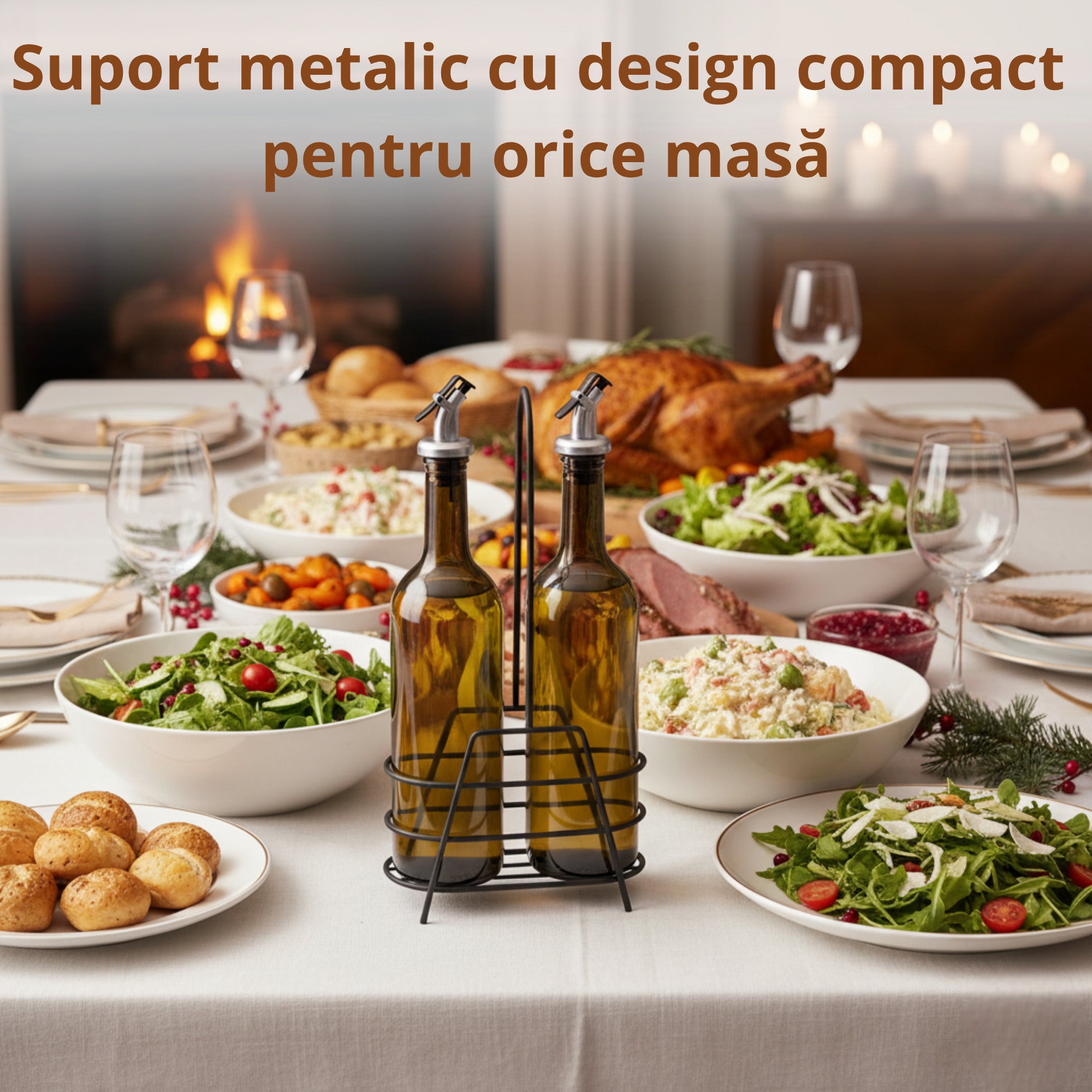 Set 2 oliviere Koken pentru ulei/otet din sticla verde, cu dop dozator, asezate in suport metalic negru pe masa festiva; fundal cu salate, friptura, vesela si pahare; text „Suport metalic cu design compact pentru orice masa”.