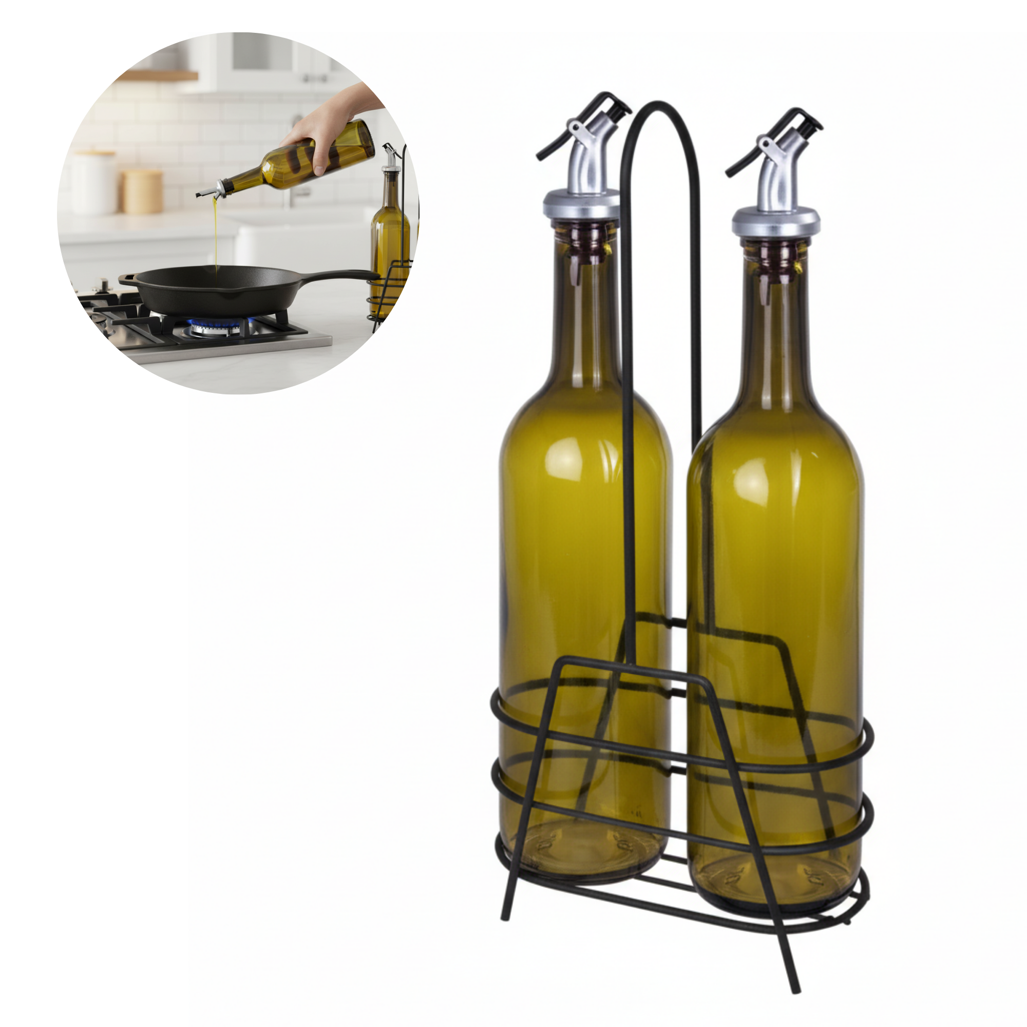 Set 2 oliviere Koken pentru ulei/otet din sticla verde cu cap dozator anti-picurare, in suport metalic negru; in miniatura se vede turnare ulei in tigaie, bucatarie moderna.