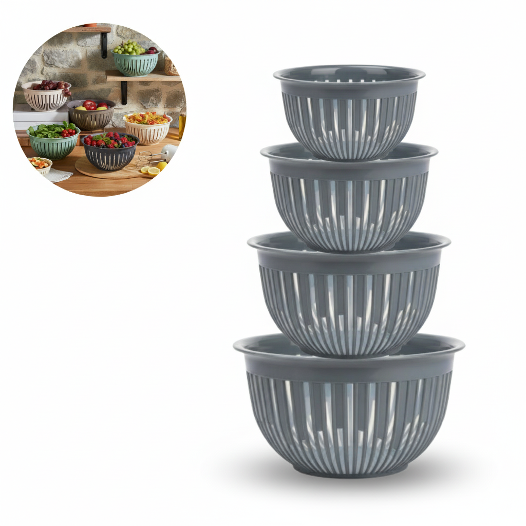 Set de 4 recipiente alimentare Koken din plastic gri inchis, asezate unul peste altul, prezentate pe fundal alb, cu o imagine mica insetata ce arata utilizarea lor in bucatarie pentru fructe si legume.