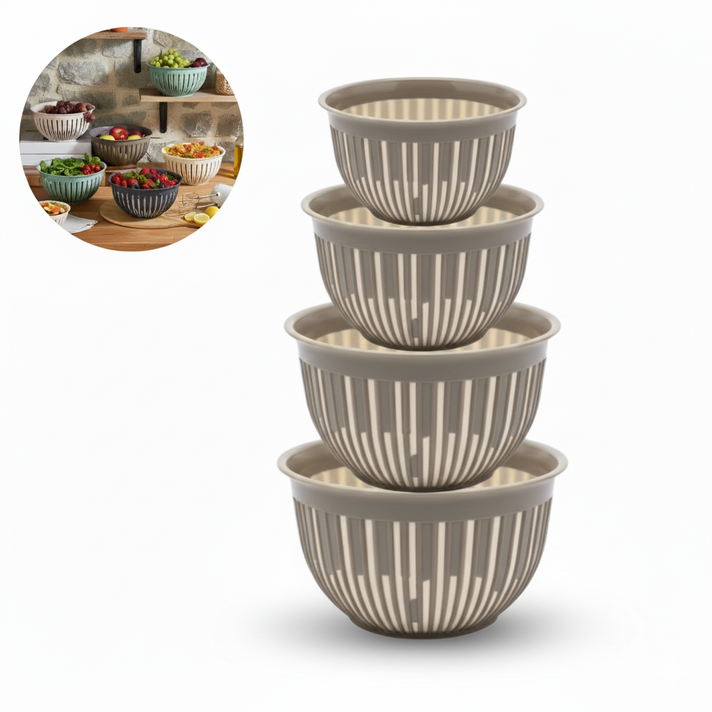 Set de 4 recipiente alimentare Koken din plastic maro, asezate unul peste altul, prezentate pe fundal alb, cu o imagine mica insetata ce arata utilizarea lor in bucatarie pentru fructe si legume.