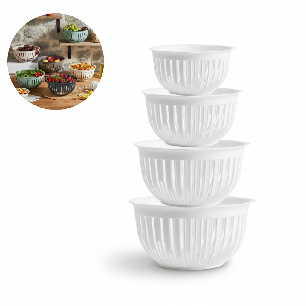Set de 4 recipiente alimentare Koken din plastic alb, asezate unul peste altul, prezentate pe fundal alb, cu o imagine mica insetata ce arata utilizarea lor in bucatarie pentru fructe si legume.
