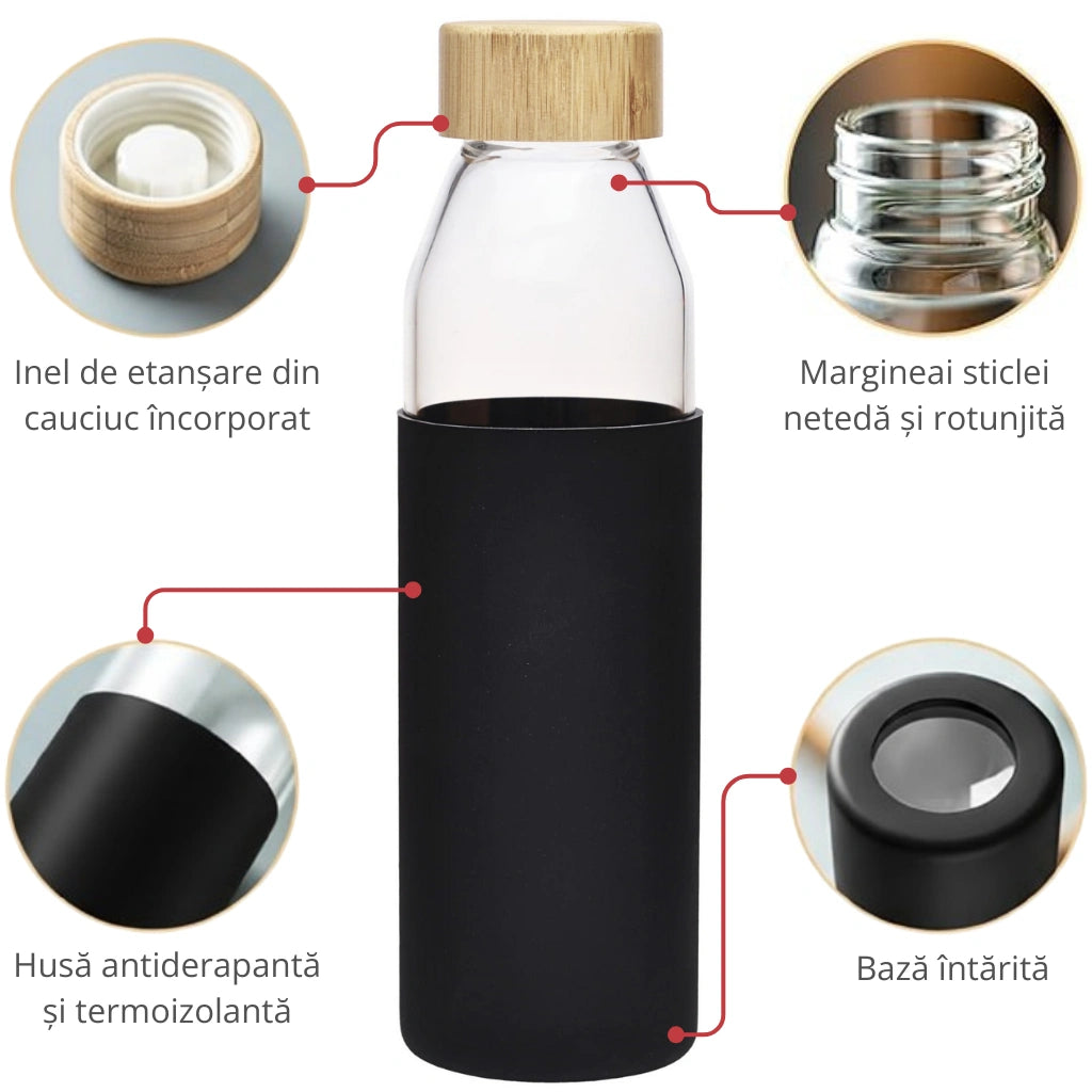 Sticla borosilicata de 500 ml cu inel de etansare din cauciuc incorporat, marginea sticlei neteda si rotunjita, husa antiderapanta si termoizolanta, baza intarita.