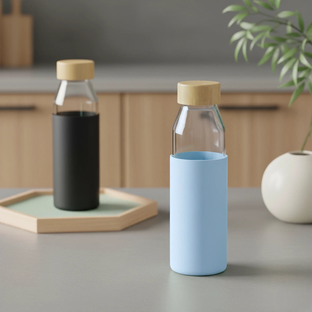 Doua sticle borosilicate cu husa din silicon, una are husa de culoare neagra, alta are husa de culoare albastra. Sticlele stau pe masa, intr-un ambient confortabil.