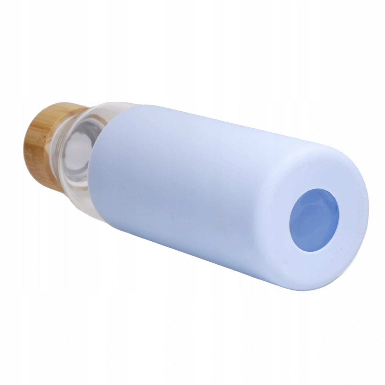 Sticla borosilicata, de 500 ml, care sta vertical , cu capacul inchis, se afiseaza partea posterioara pentru evidentierea bazei protejate de husa din silicon de culoare albastra.
