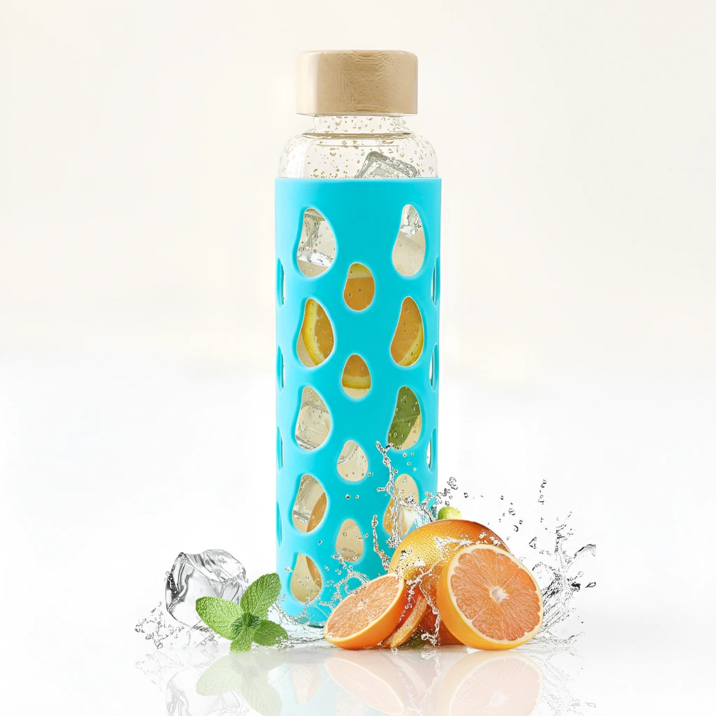Sticla borosilicata cu capac de bambus etans, husa din silicon termorezistenta, cu gauri mici, de 550ml volum.