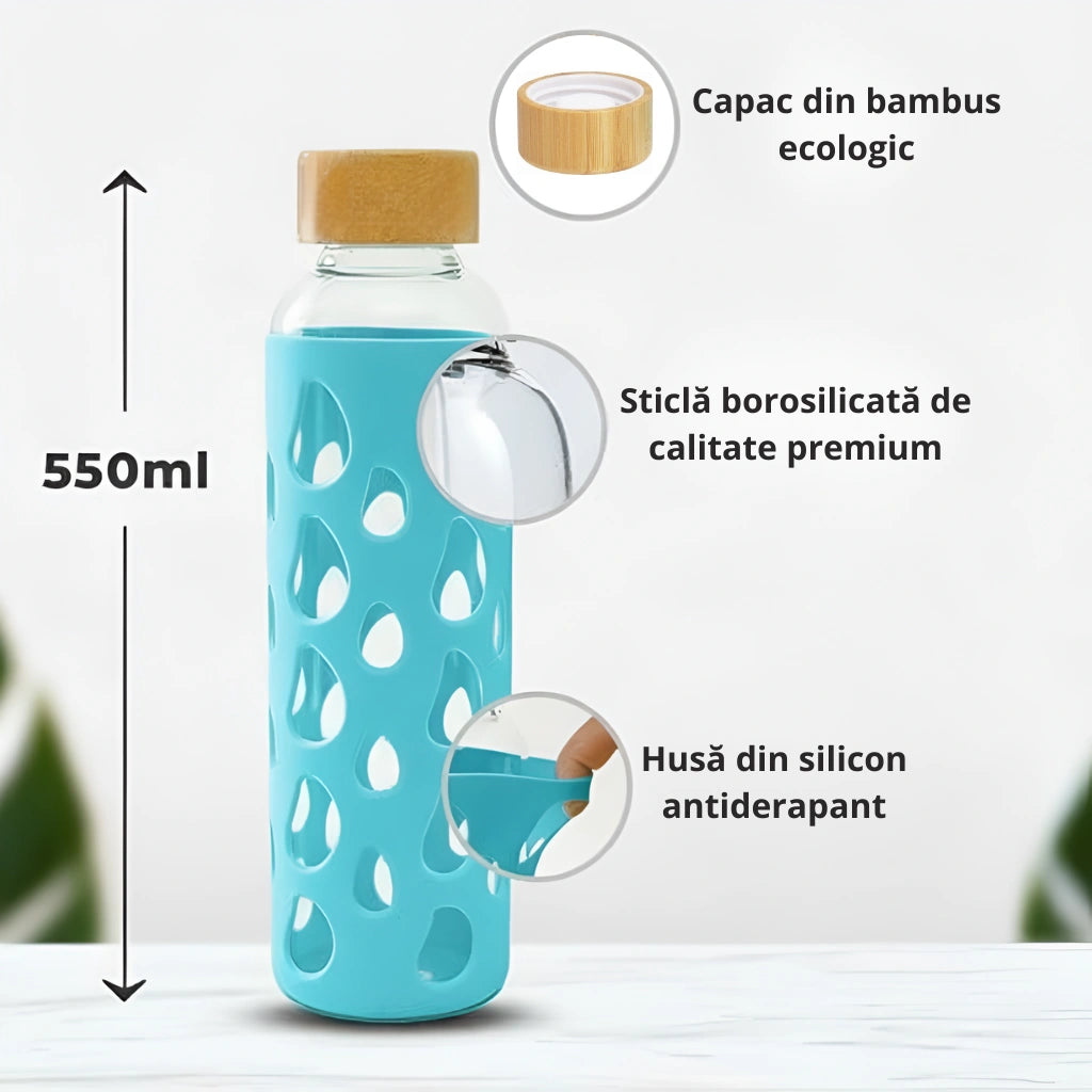 Sticla borosilicata pentru apa, limonada, ceai, cafea, termorezistenta, trainica, usoara, 550ml , capac din bambus ecologic, sticla borosilicata de calitate premium, husa din silicon antiderapant.