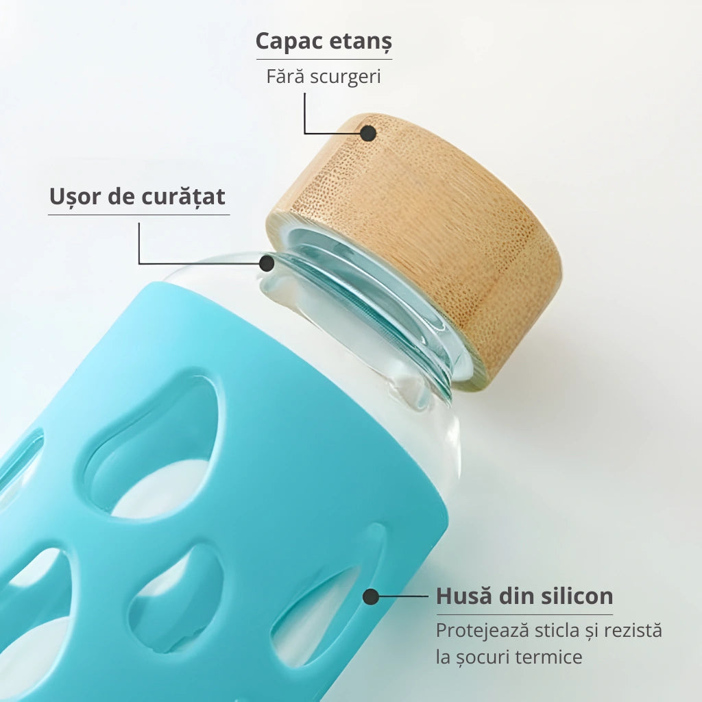 Sticla borosilicata cu Capac etans fara scurgeri, sticla usor de curatat, husa din silicon ce protejeaza sticla si rezista la socuri termice.