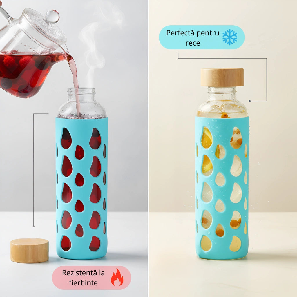 Sticla borosilicata cu husa din silicon antiderapanta de culoare turcoaz. O sticla in partea stanga in care se toarna din ceainic ceai rosu din fructe, cu text "rezistenta la fierbinte". Din partea dreapta sticla cu limonada rece, cu textul "Perfecta pentru rece".