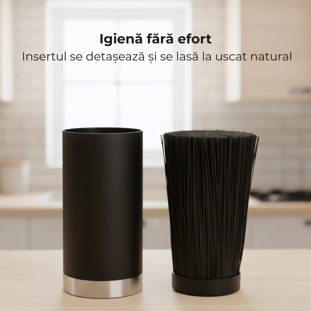 Suportul universal pentru cutite in bucatarie, cu insertia din fire de plastic detasata. Iginea fara efort. Insertul se detaseaza si se lasa la uscat natural.