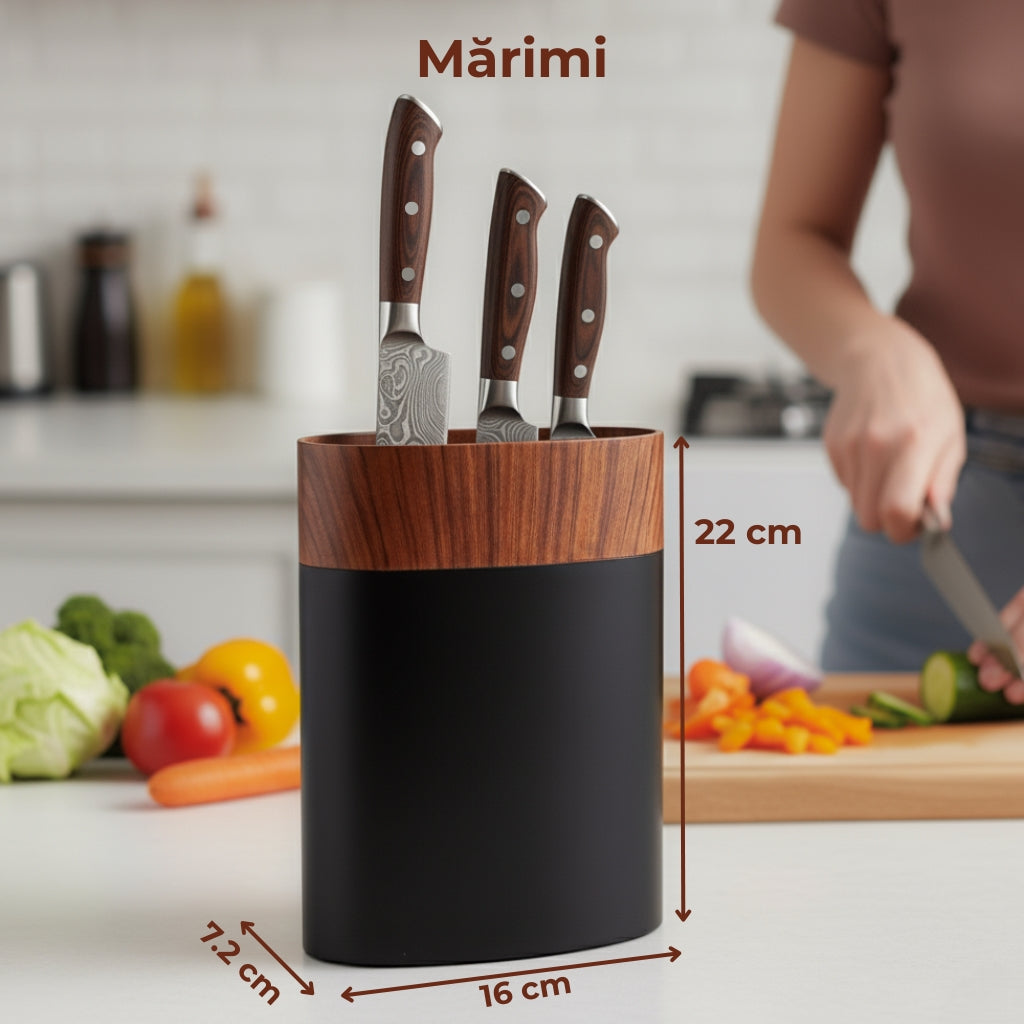 Suport universal pentru cutite cu fire din nylon. Poza contine marimile acestui suport. Inaltimea 22 cm, lungimea 16 cm si latimea in puncte cele mai idepartate 7.2 cm.