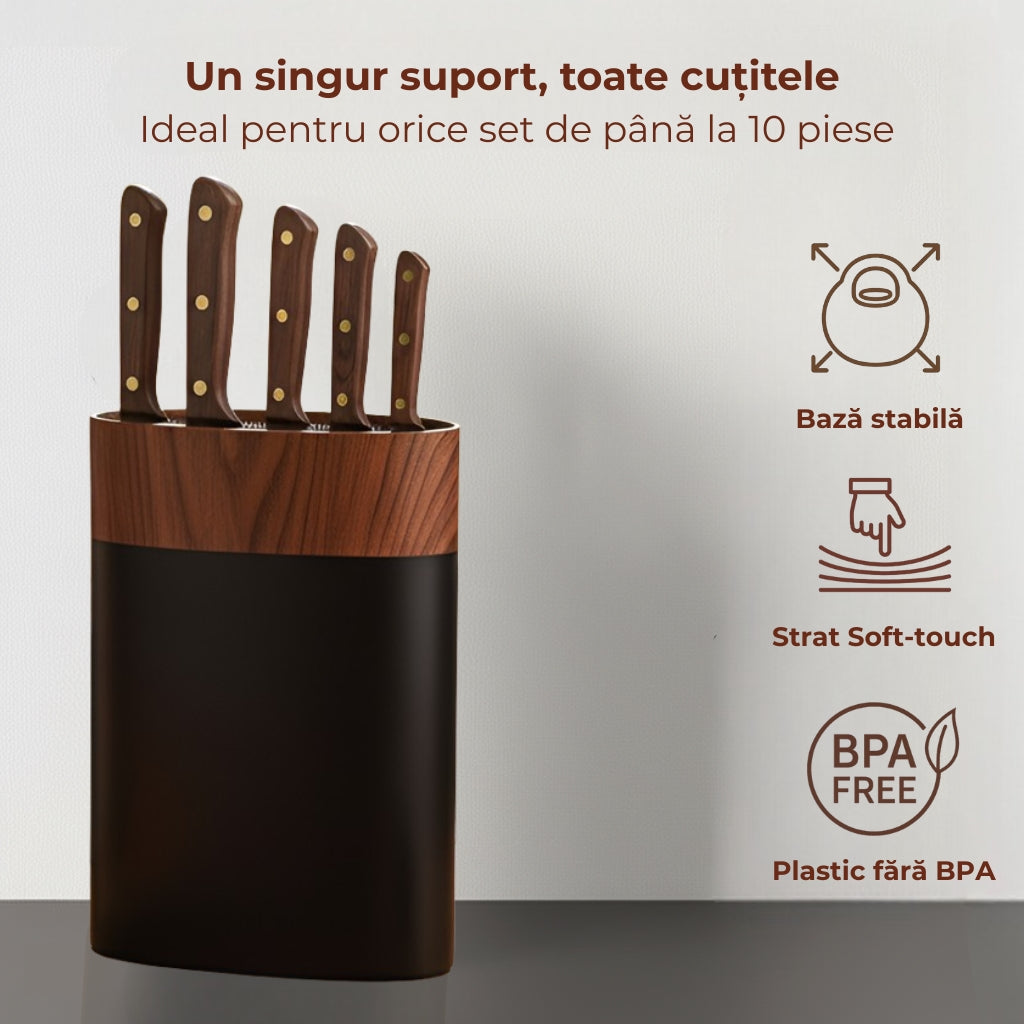 Suport universal pentru cutite, un singur suport, toate cutitele. Ideal pentru orice set de pana la 10 piese. Baza stabila, Strat soft-touch, plastic fara BPA.