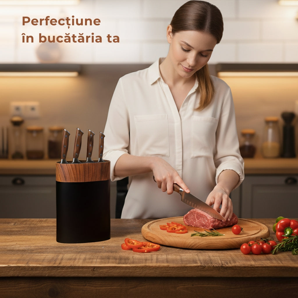 Suportul de cutite universal de forma ovala sta pe un blat de lemn in bucatarie. Alaturi o domnisoara taie carne pe un tocator. Intr-o ambianta de culori calde. Pe poza text "Perfectiune in bucataria ta".