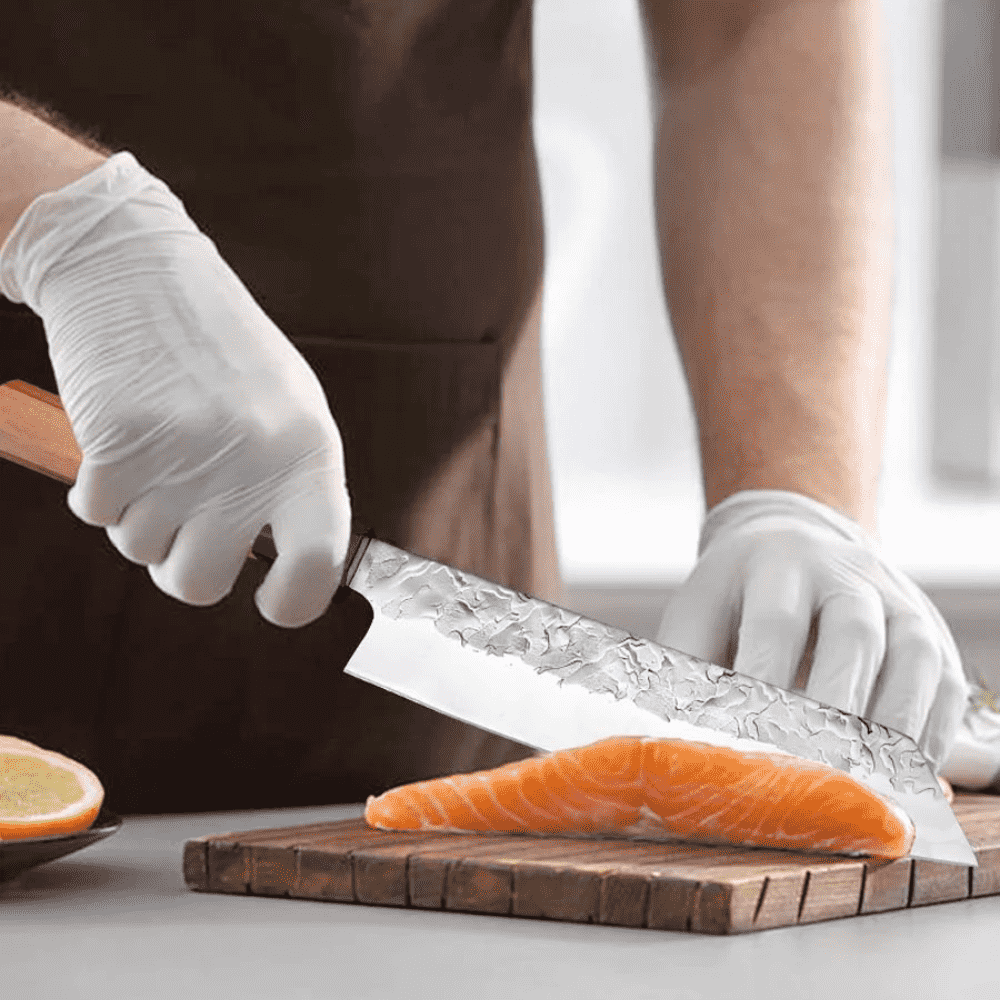 Koken Professional Japanese Chef's Knife, Damascus Steel, for Sushi, Slicing and Manual Cutting, Blade 20 cm, Wood