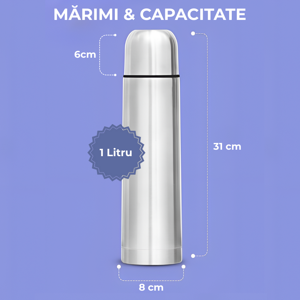 Termos Koken din inox capacitate 1L cu inaltime de 31 cm, latime 8 cm si inaltime pahar 6 cm.