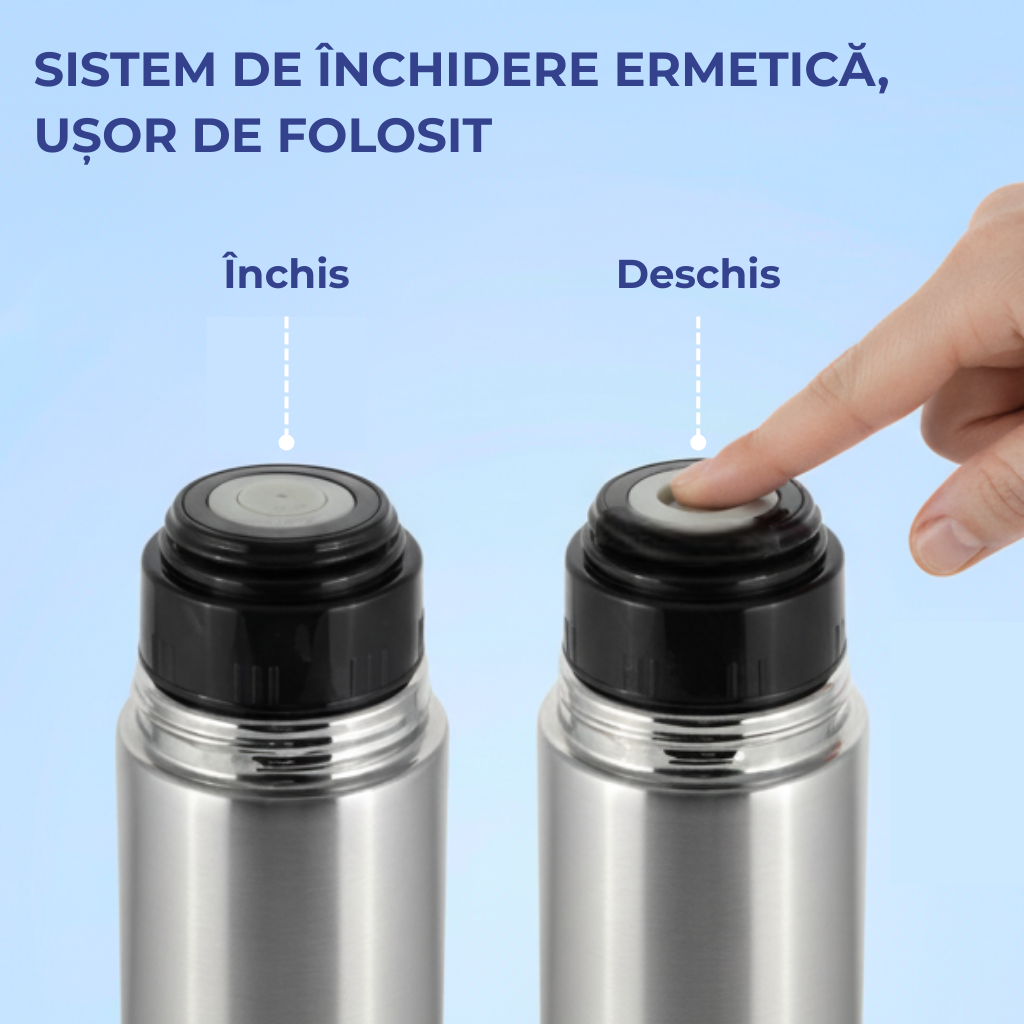 Termos Koken de 1L cu sistem de inchidere ermetica, usor de folosit. In poz ase arata 2 termosuri, ambele fara capac. Termosul din stanga are orificul de curgere inchis etans, iar la al doilea termos orificiul de curgere este deschis cu degetul unei femei.