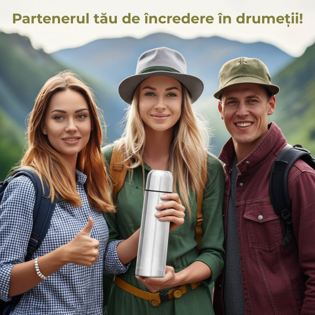 3 Oameni la hicking stau cu spatele la un peisaj cu munti si tin in maini termosul din inox Koken. Pe poza textul - partenerul tau de incredere in drumetii.