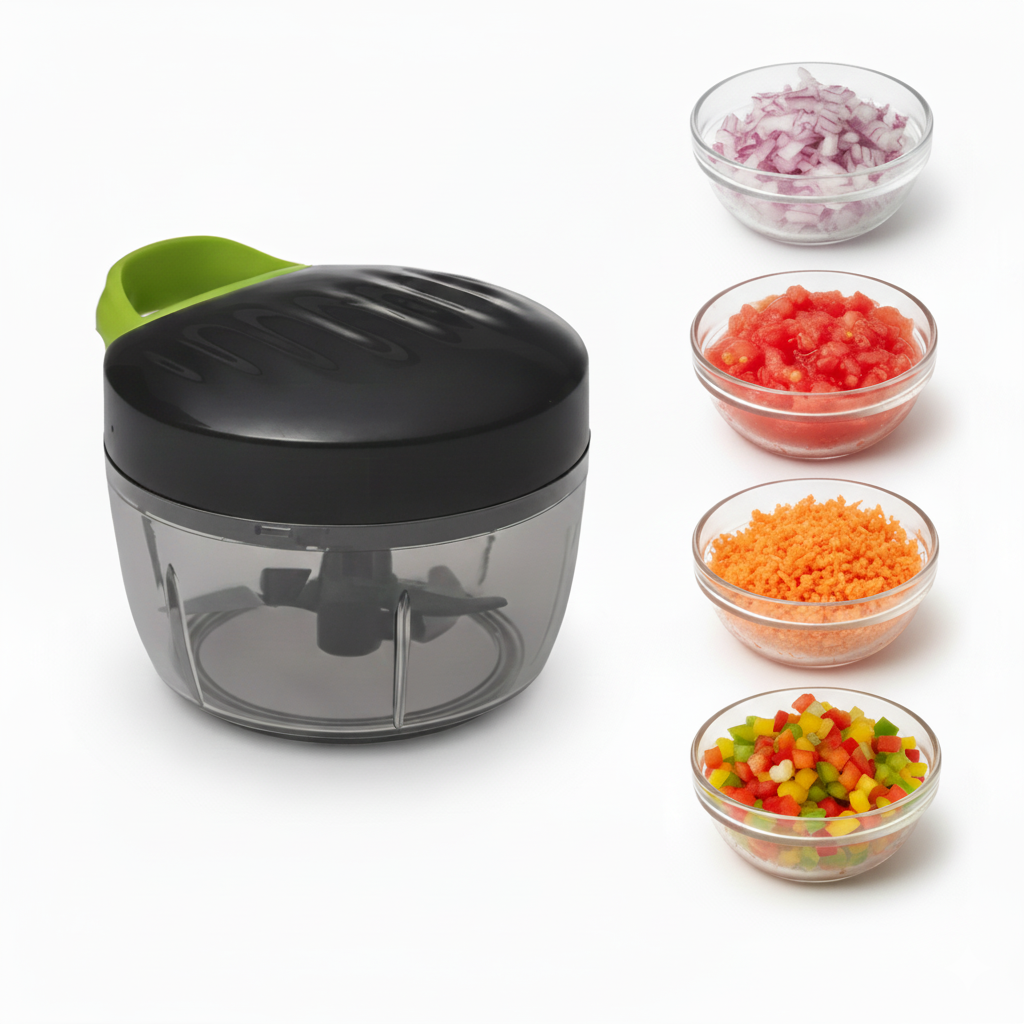 Tocator manual Koken cu capac negru si maner verde, alaturi de boluri mici cu legume tocate – ceapa rosie, rosii, morcovi si ardei colorat, pe fundal alb.