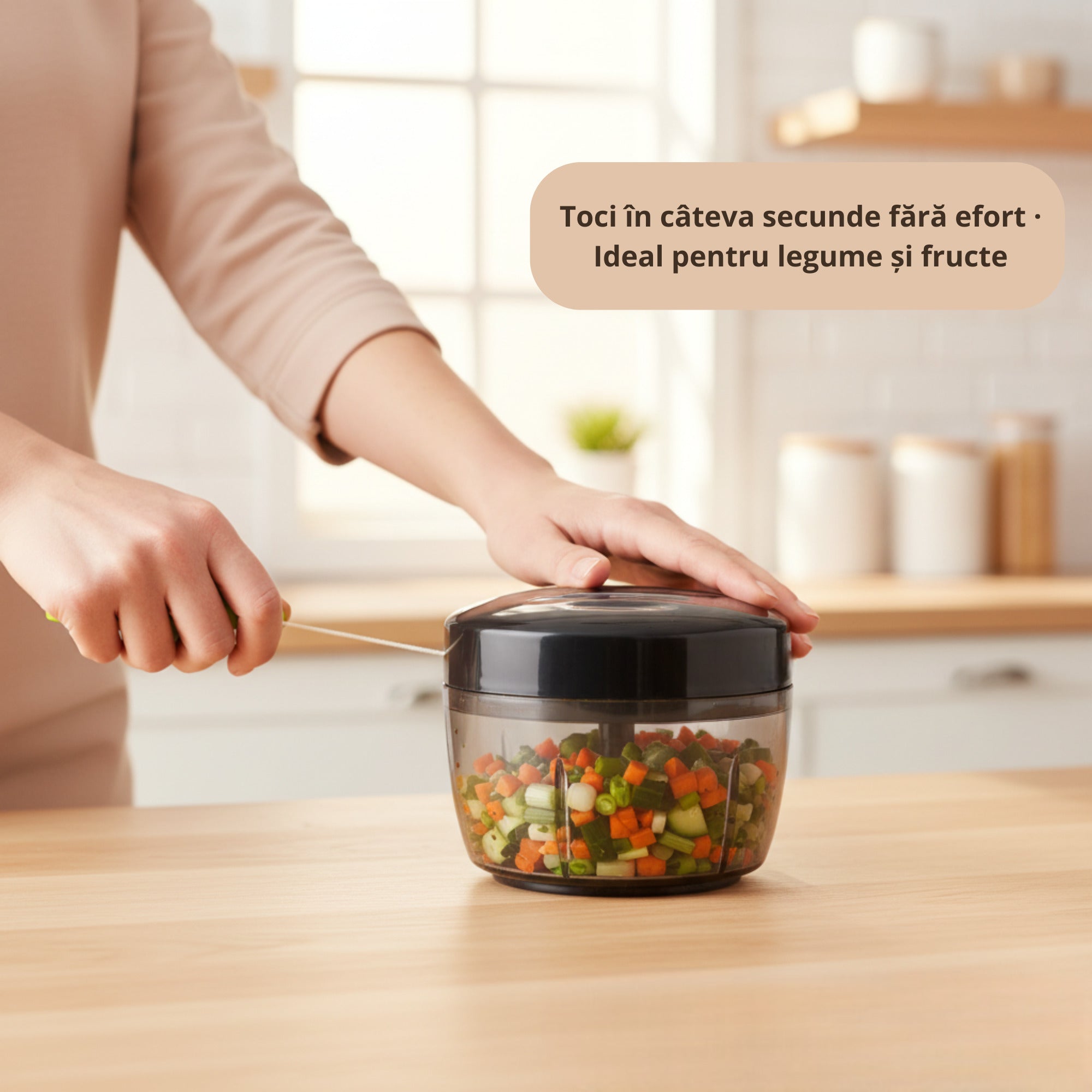 Persoana foloseste un tocator manual Koken cu capac negru si recipient transparent pentru a marunti legume colorate intr-o bucatarie luminoasa moderna.