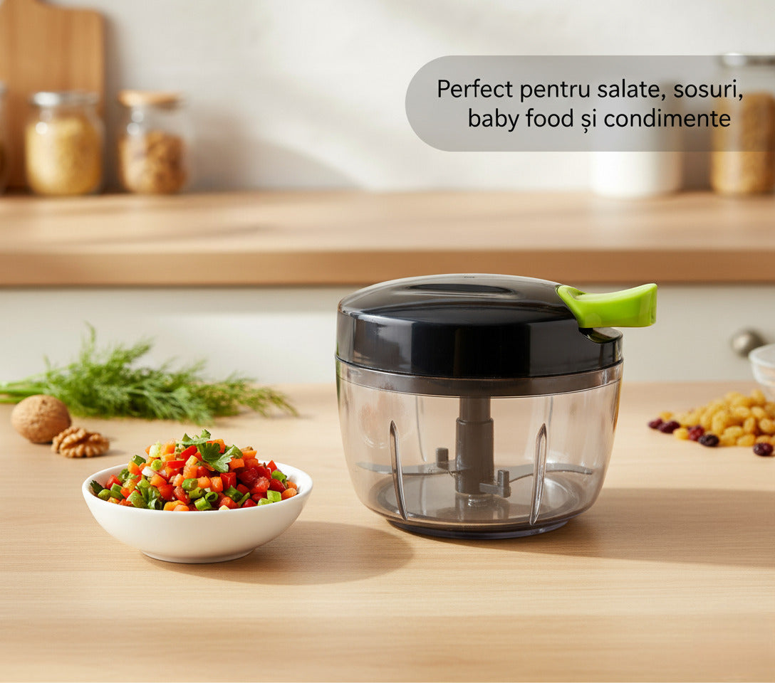 Tocator manual cu capac negru si maner verde asezat pe blatul unei bucatarii luminoase, alaturi de un bol cu legume tocate fin si ingrediente proaspete precum verdeturi si nuci.