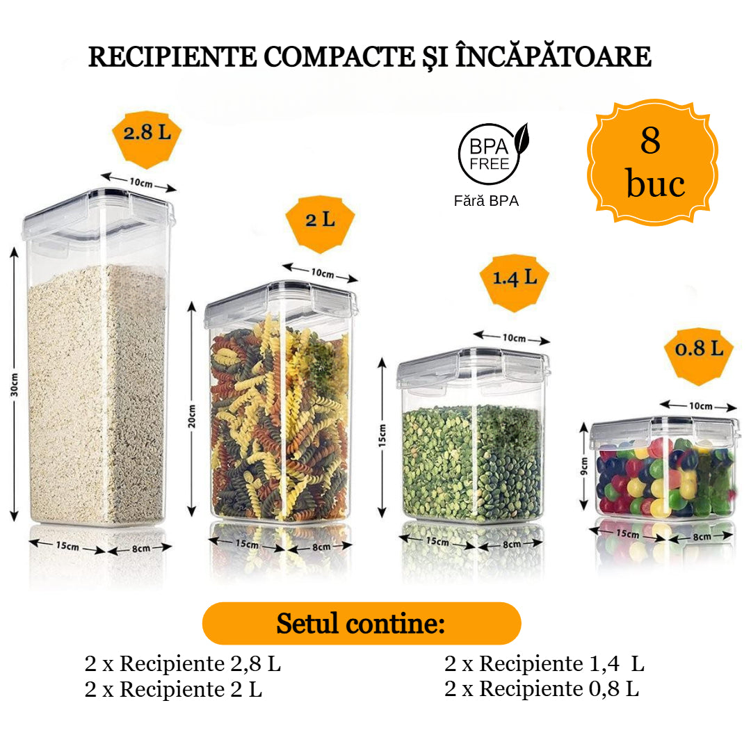 Set 8/7/6 recipiente depozitare Koken, sigure pentru cuptorul cu microunde/masina de spalat vase/congelator, Caserole etanșe depozitare alimente, plastic fara BPA, Transparent/Negru