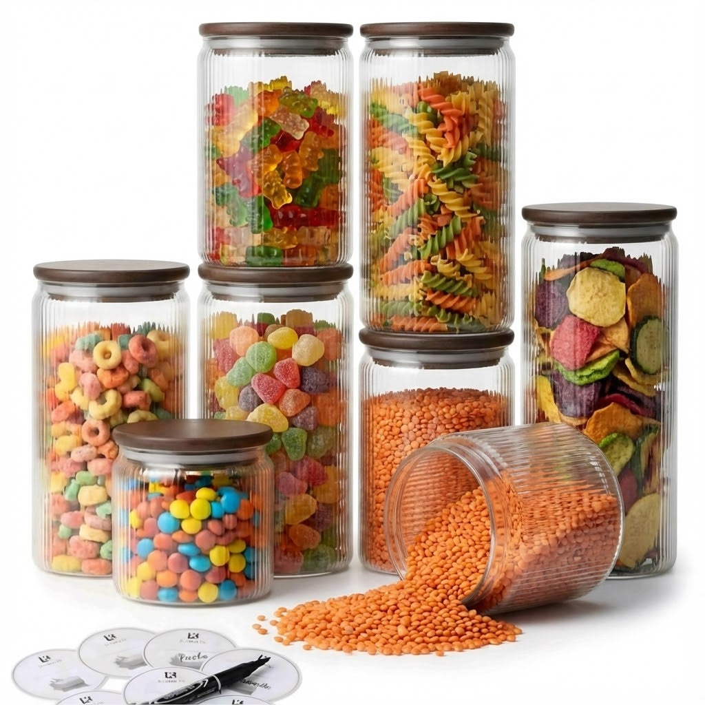 Set 6/9 Borcane din sticlă borosilicată cu capac din bambus etanș Koken, Recipiente cu capac din bambus ermetic, pentru depozitarea alimentelor uscate și cerealelor