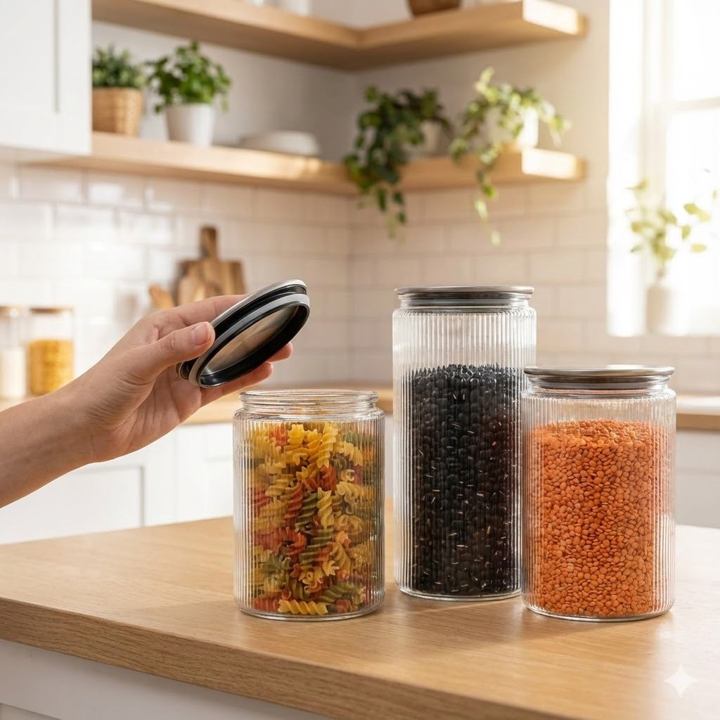 Set 6/7/9 Borcane din sticlă borosilicată Koken, Recipiente cu capac din plastic BPA Free si otel inoxidabil ermetic, pentru depozitarea alimentelor uscate și cereale