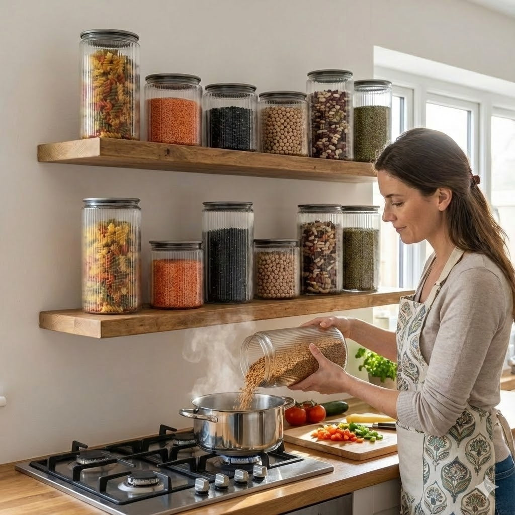 Set 6/7/9 Borcane din sticlă borosilicată Koken, Recipiente cu capac din plastic BPA Free si otel inoxidabil ermetic, pentru depozitarea alimentelor uscate și cereale