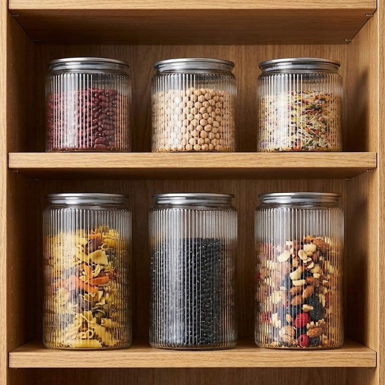 Set 6/7/9 Borcane din sticlă borosilicată Koken, Recipiente cu capac din plastic BPA Free si otel inoxidabil ermetic, pentru depozitarea alimentelor uscate și cereale