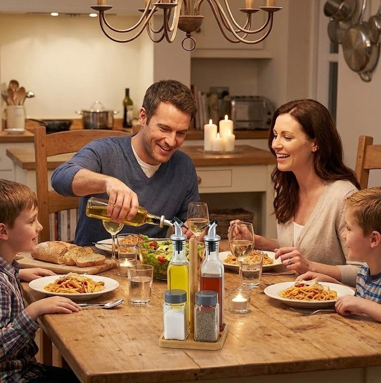 Set 2 Oliviere si 2 Recipiente sticla pentru Condimente Koken, Suport Bambus, capac plastic anti-picurare, Ulei, Otet Balsamic sau alte Lichide,