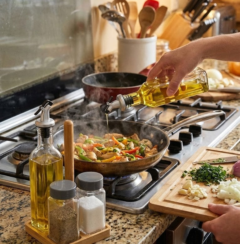 Set 2 Oliviere si 2 Recipiente sticla pentru Condimente Koken, Suport Bambus, capac plastic anti-picurare, Ulei, Otet Balsamic sau alte Lichide,