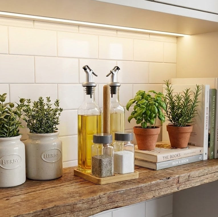 Set 2 Oliviere si 2 Recipiente sticla pentru Condimente Koken, Suport Bambus, capac plastic anti-picurare, Ulei, Otet Balsamic sau alte Lichide,