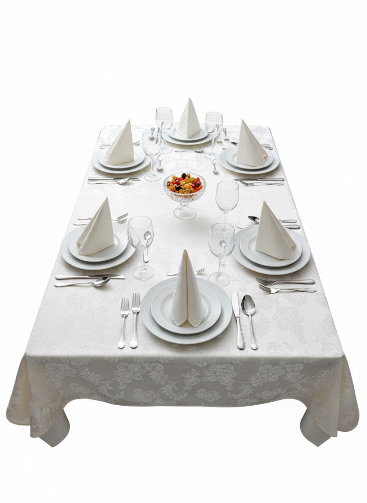 Față de masă 180x140cm dreptunghiulară impermeabilă cu 6 șervetele 40x40cm Koken, 100% Bumbac, Reutilizabila, Fara decolorare, Usor de curatat, Potrivit pentru bucatarie, sufragerie, Alb