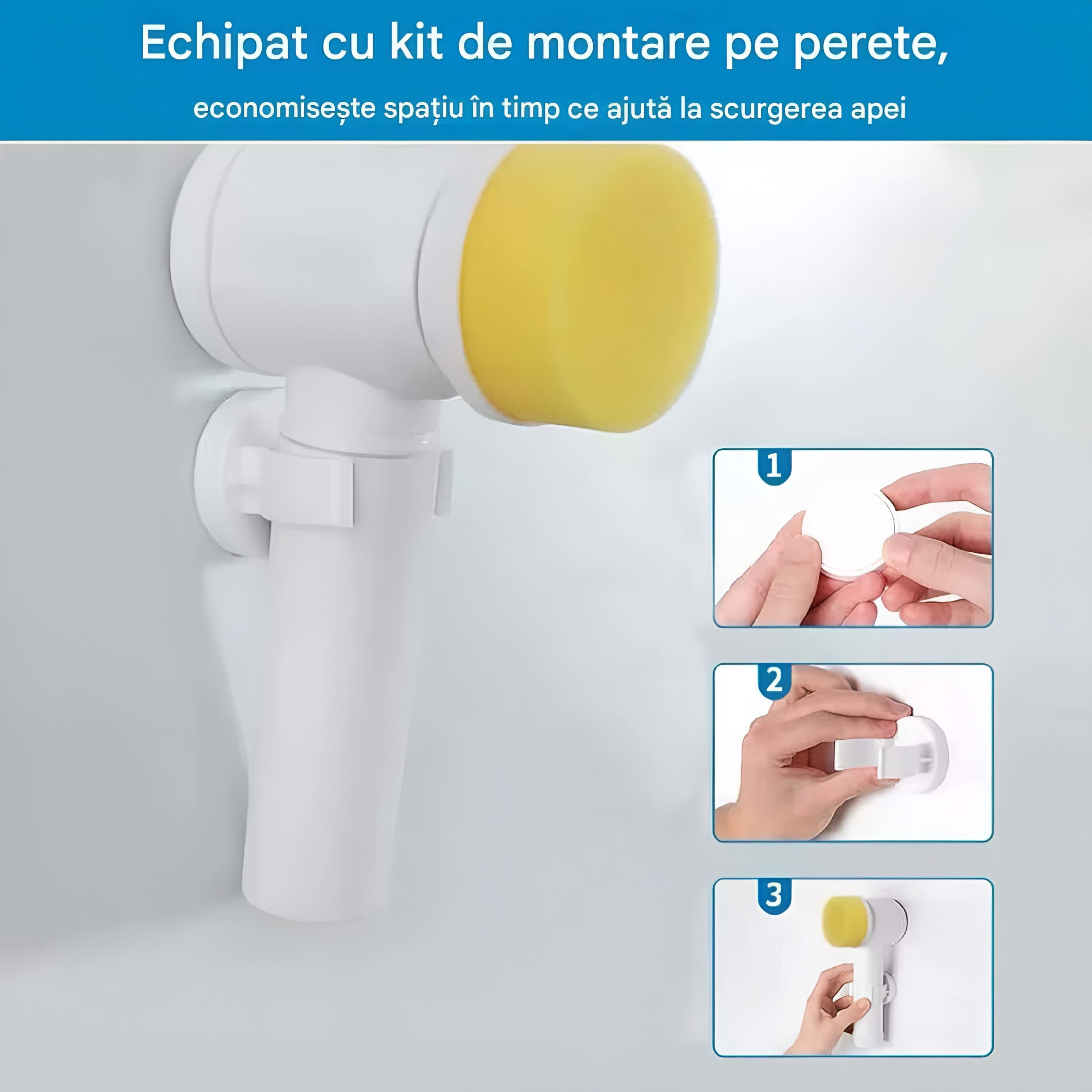 In poza este prezentat kit-ul de montare pe perete care economisește spațiu in timp ce ajuta la scurgerea apei. De asemenea este prezentat cum se instalează pe perete acest kit.