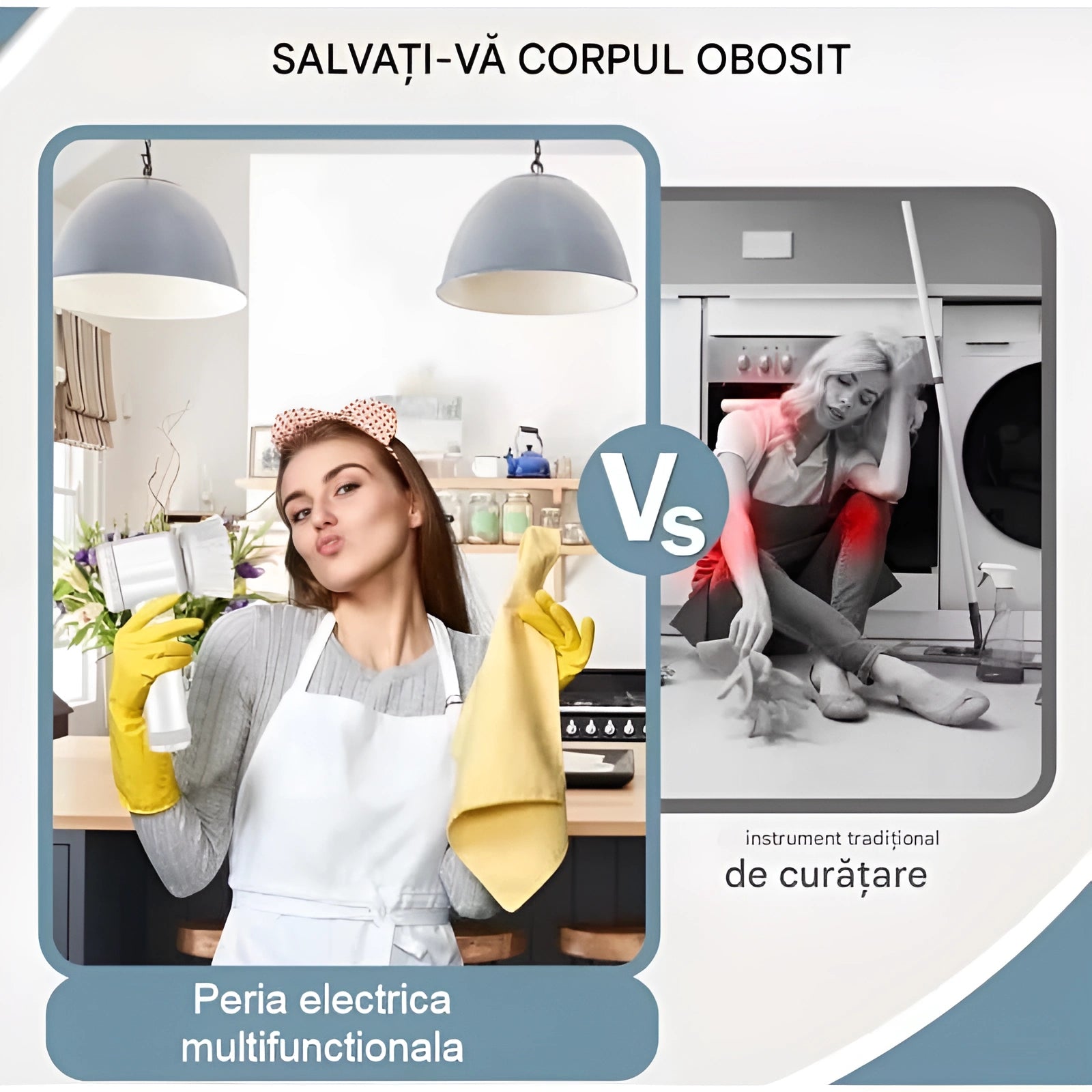 In poza este prezentată diferența dintre utilizarea unei perii electrice multifuncționale (ușor) si cu un instrument tradițional de utilizare (obositor).