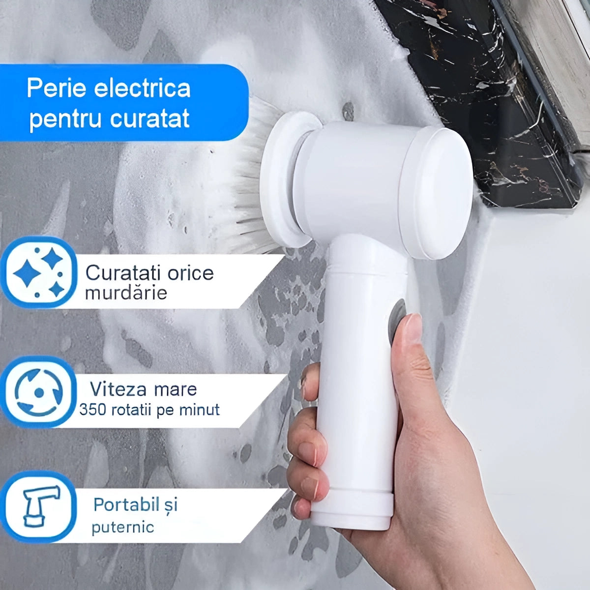 In poza este prezentată peria electrica pentru curățat in acțiune si este menționat ca este portabila si puternică, viteza mare (350 rotații pe minut) si cu ajutorul acesteia curățați orice murdărie.