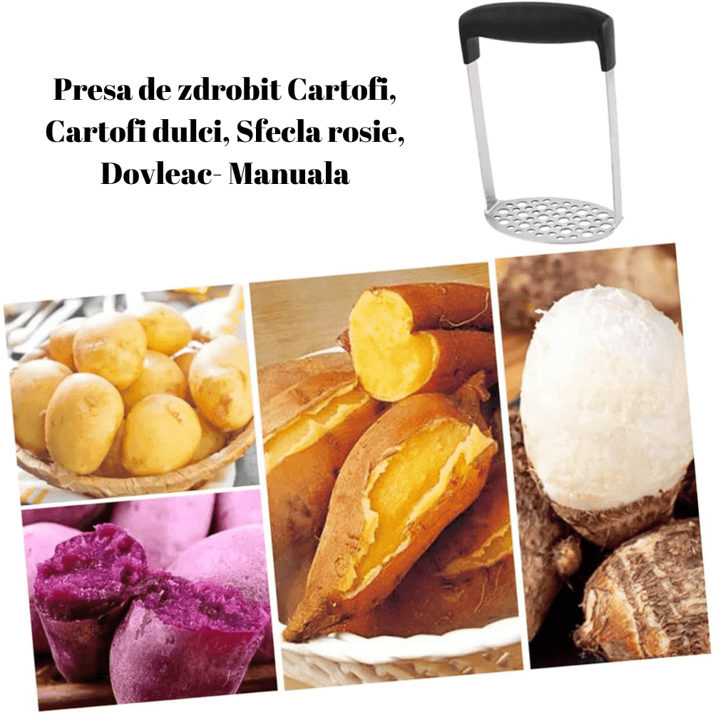 Zdrobitor de cartofi Koken.ro, Oțel inoxidabil/Plastic ABS, cu maner ergonomic anti-alunecare, 16,8x11,2x7,2cm, Negru/Argintiu - köken