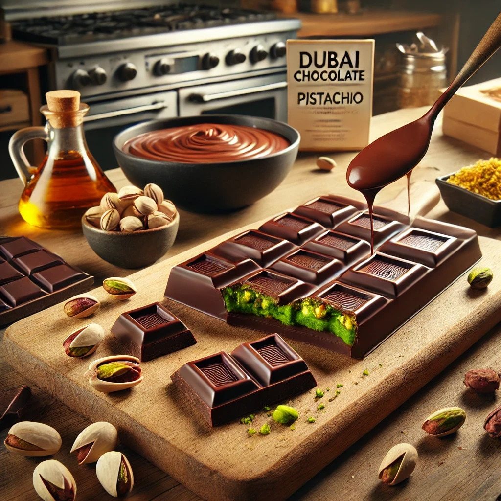Ciocolata dubai, pe masa, preparata cu ajutorul formei din silicon Koken.ro