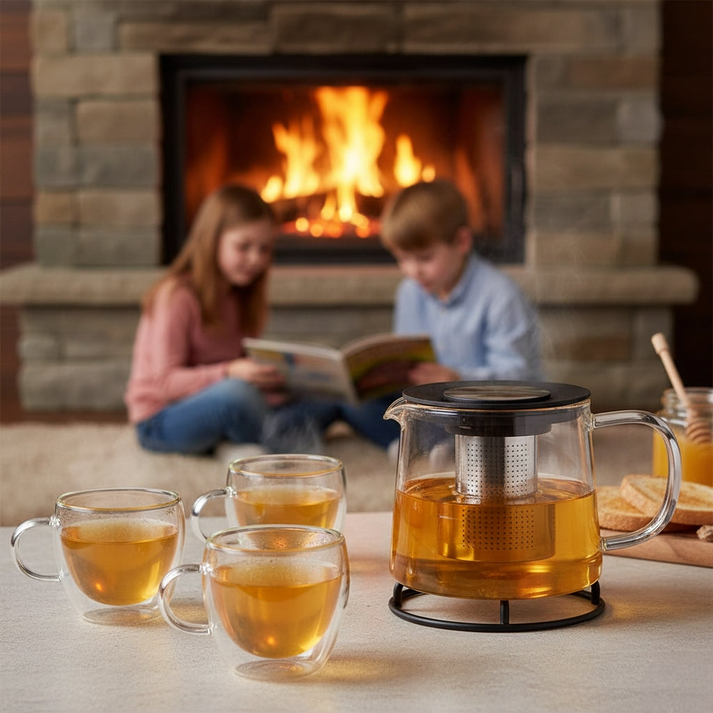 Ceainic de 1.5L transparent Koken cu 3 cani borosilicate Koken pe masa iar pe fundal 2 copii se uita intr-o carte langa semineu..