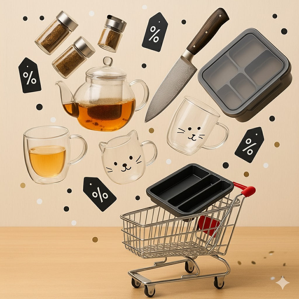 Flat-lay în bucătărie: ceainic și cani din sticlă borosilică, condimente și ingrediente proaspete – ghid de pregătire Koken