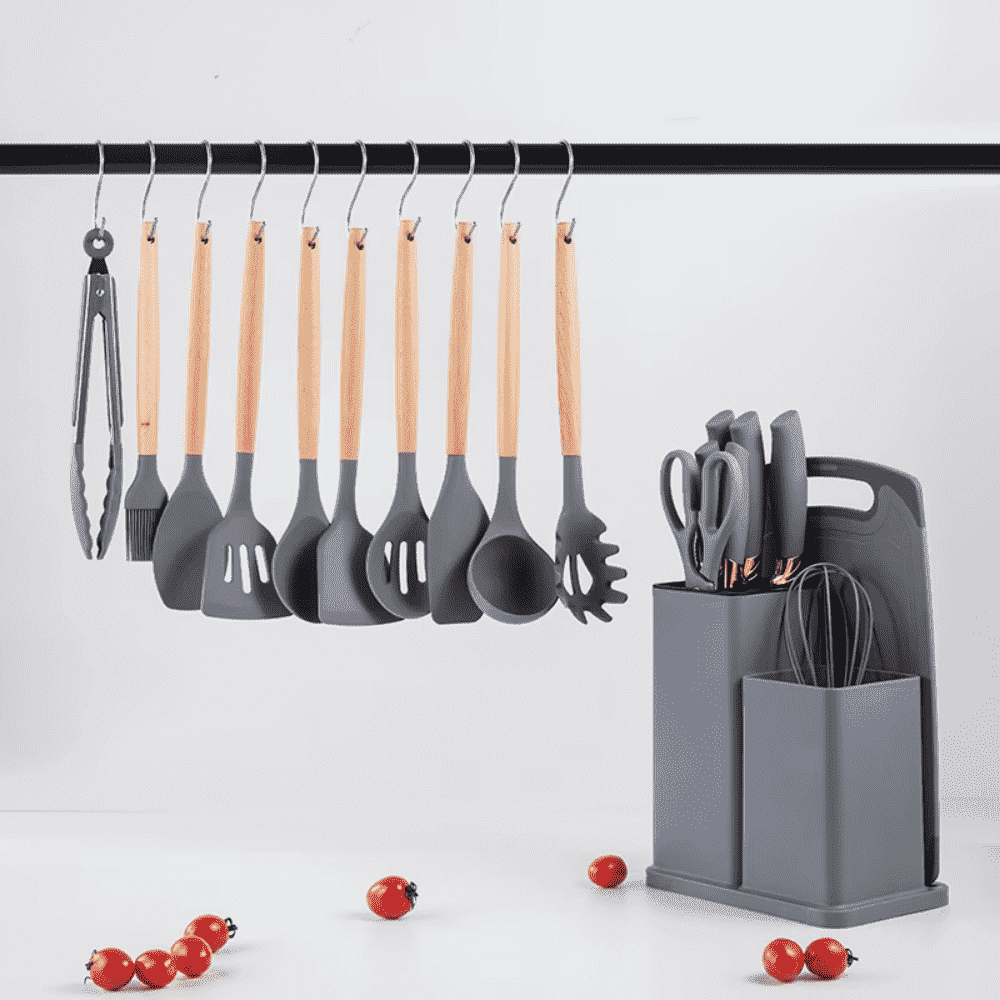 Set 19 Ustensile bucatarie Koken,  Lemn si Silicon alimentar, Suport/Tocator/Cutite, Termorezistente, Antiaderente+ Suport Lingura