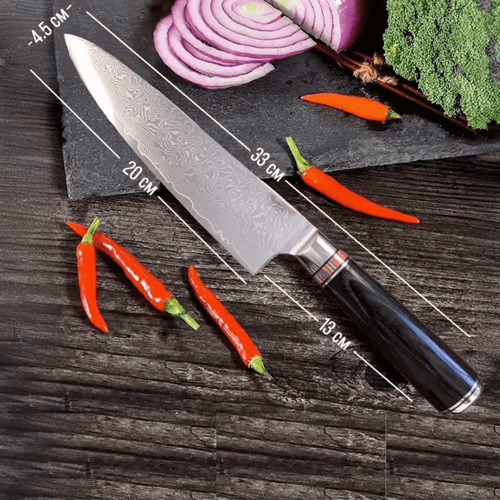 Professional Japanese Damascus steel knife, 67 layers, 20 cm blade, Pakka wood handle, Corrosion Resistant, Black