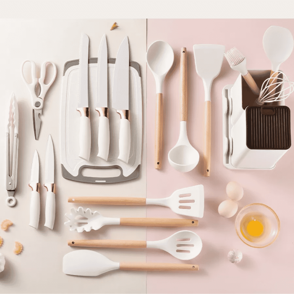Set 19 Ustensile bucatarie Koken,  Lemn si Silicon alimentar, Suport/Tocator/Cutite, Termorezistente, Antiaderente+ Suport Lingura