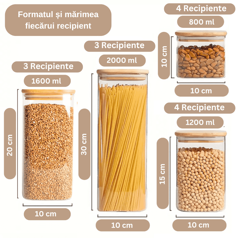 Set of 14 Square Borosilicate Glass Containers with Airtight Bamboo Lids Koken, for Dry Food and Grain Storage