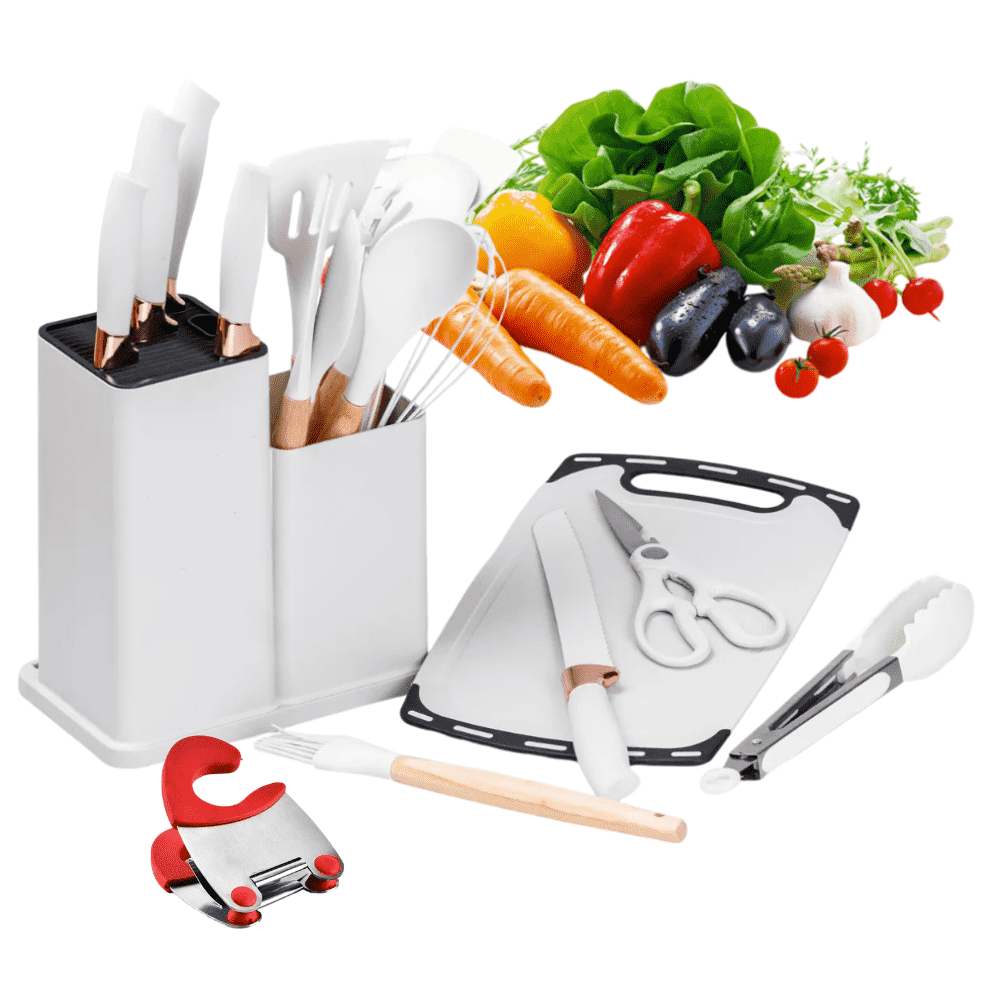 Set 19 Ustensile bucatarie Koken,  Lemn si Silicon alimentar, Suport/Tocator/Cutite, Termorezistente, Antiaderente+ Suport Lingura
