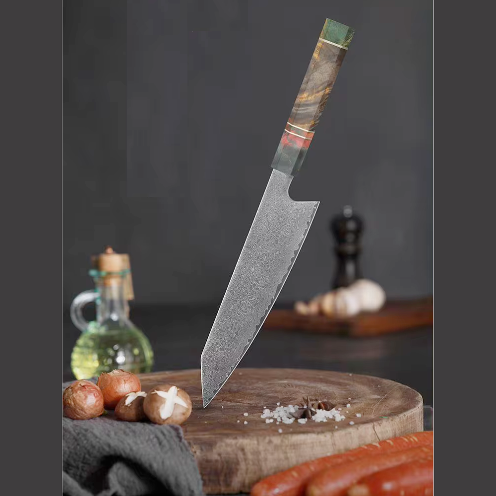 Cuțit Profesional Japonez Koken din oțel Damasc cu 67 Straturi,  cu conținut ridicat de carbon, Lamǎ de Înaltă Calitate de 20 cm, cu Mâner Distinctiv și Tăiș Perfect pentru Gătit Profesional, Verde/Maro