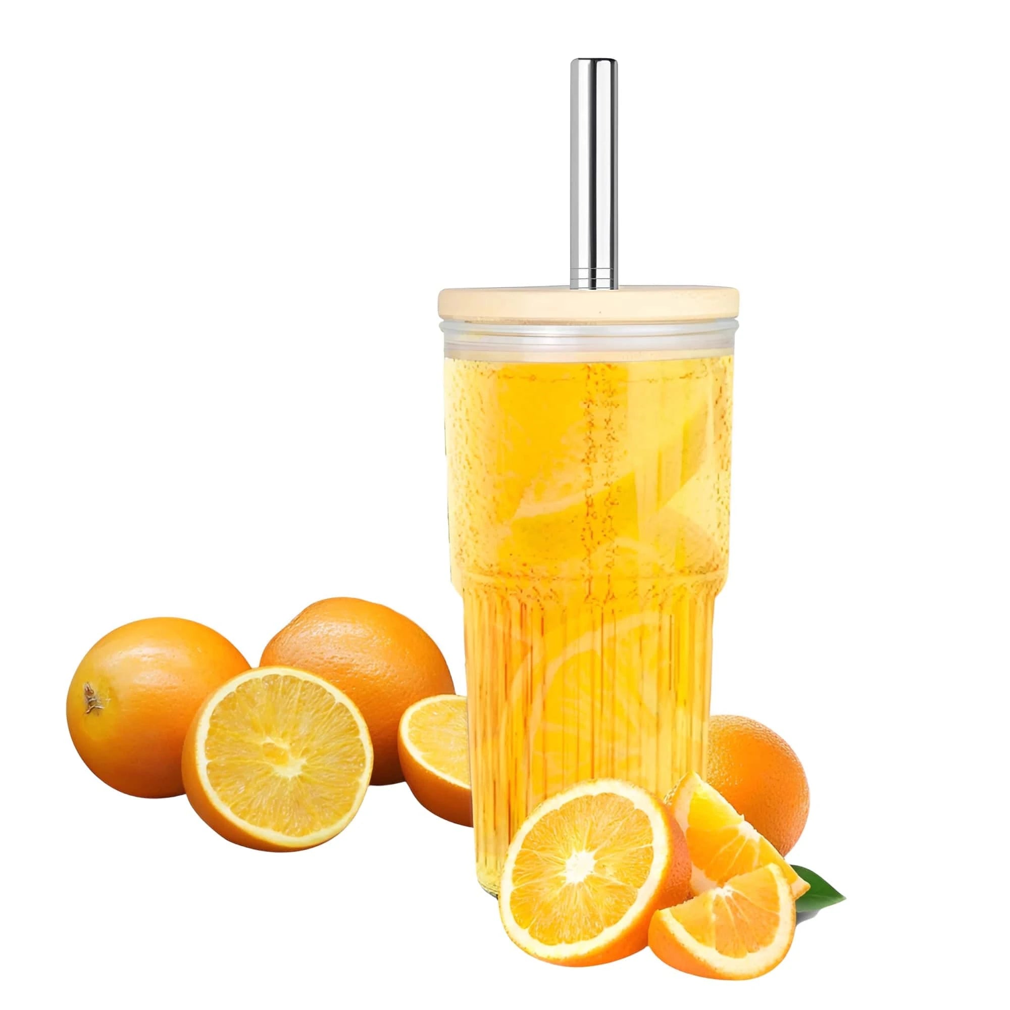 Koken Cup Set with Lids and Straws, Glass/Bamboo/Stainless Steel, for Soft Drinks, Resistant to High and Low Temperatures, 500 ml, Transparent/Wood