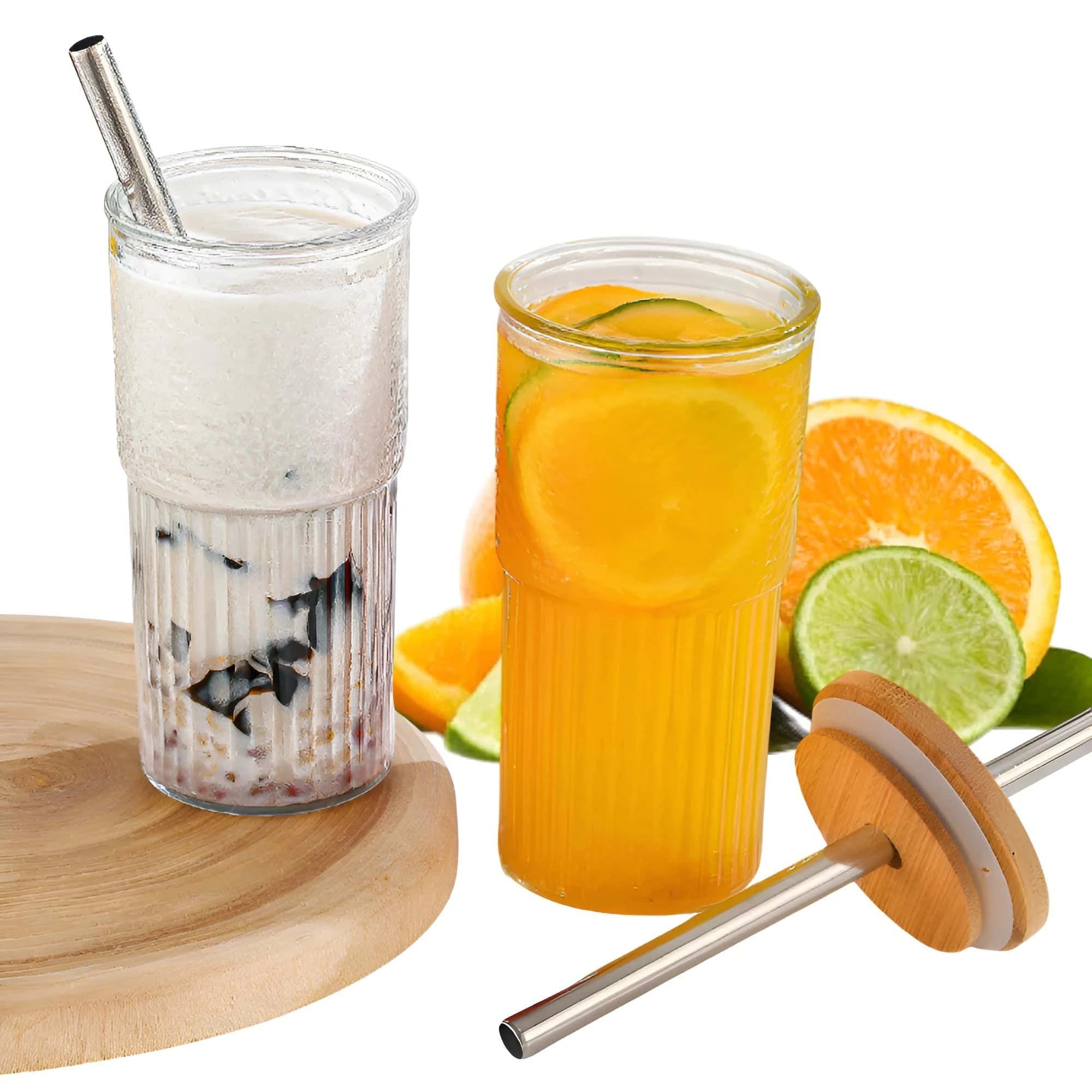 Koken Cup Set with Lids and Straws, Glass/Bamboo/Stainless Steel, for Soft Drinks, Resistant to High and Low Temperatures, 500 ml, Transparent/Wood