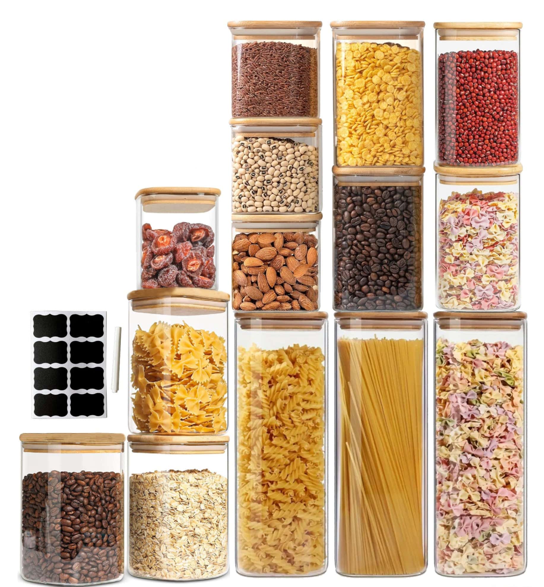 Set of 14 Square Borosilicate Glass Containers with Airtight Bamboo Lids Koken, for Dry Food and Grain Storage