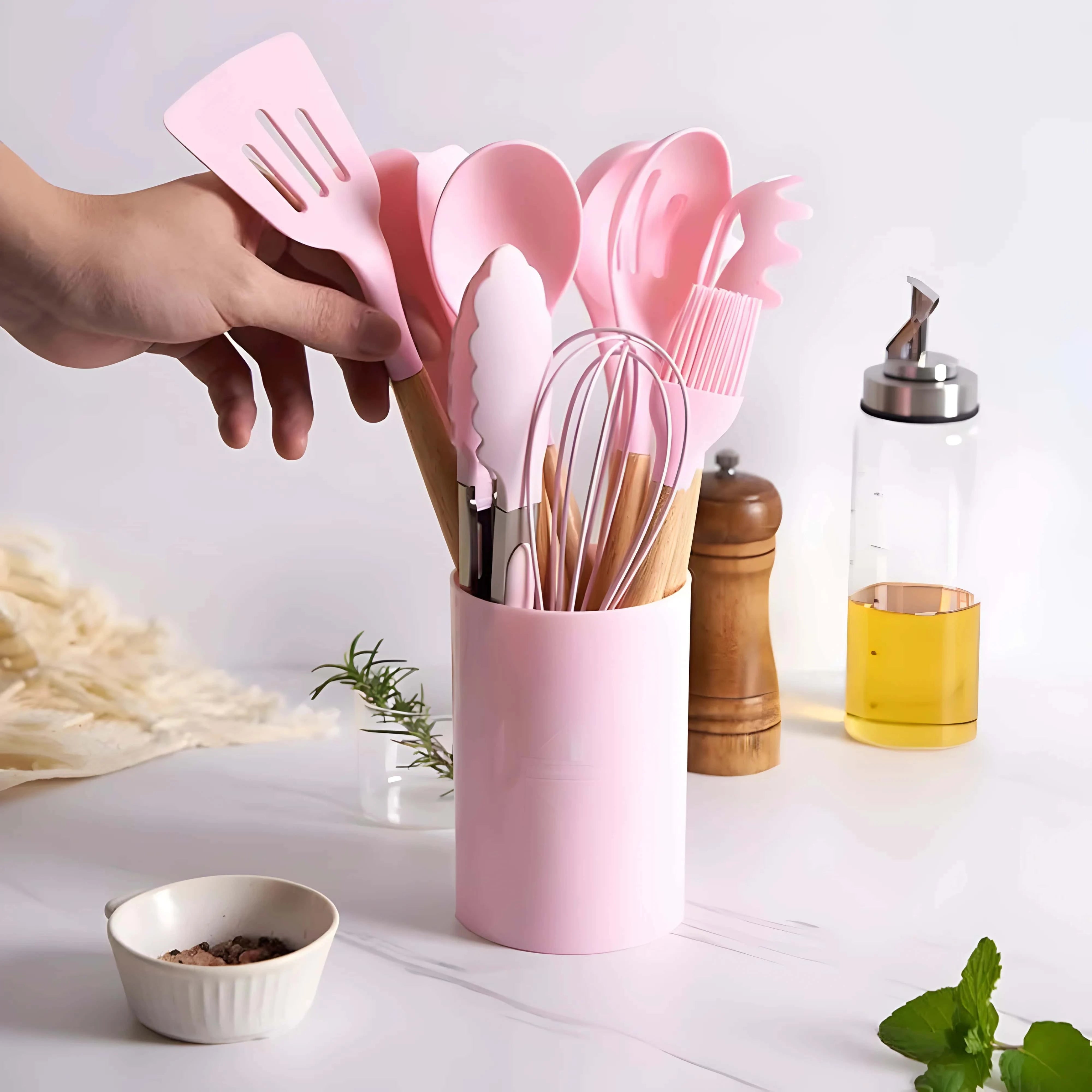 Set of 12 Koken Kitchen Utensils, Wood/Silicone, Plastic Holder, Non-Stick, Heat Resistant, Green/Pink + Spoon Holder